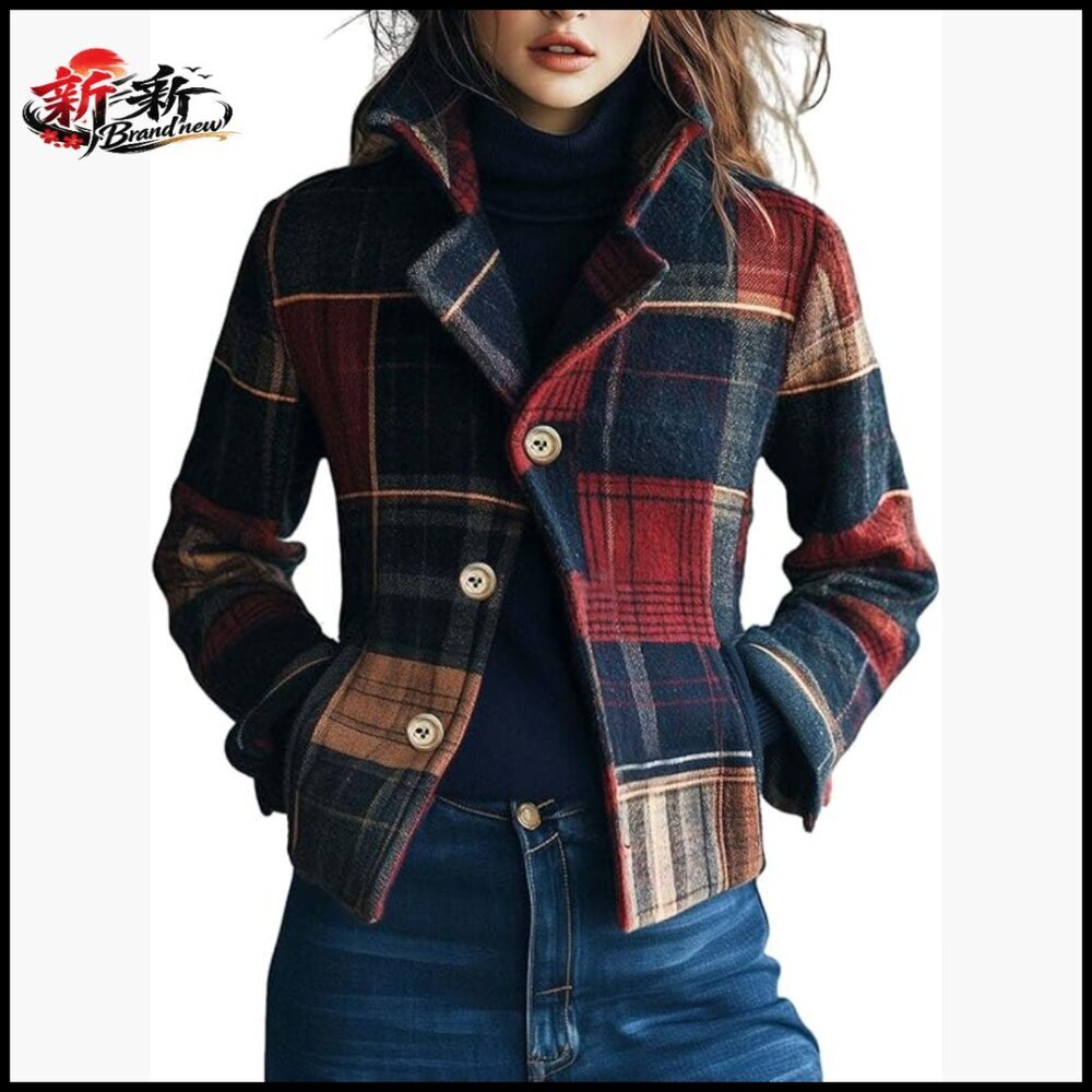 Plaid Wool Blend Crop Pea Coat Slim Fit Jacket